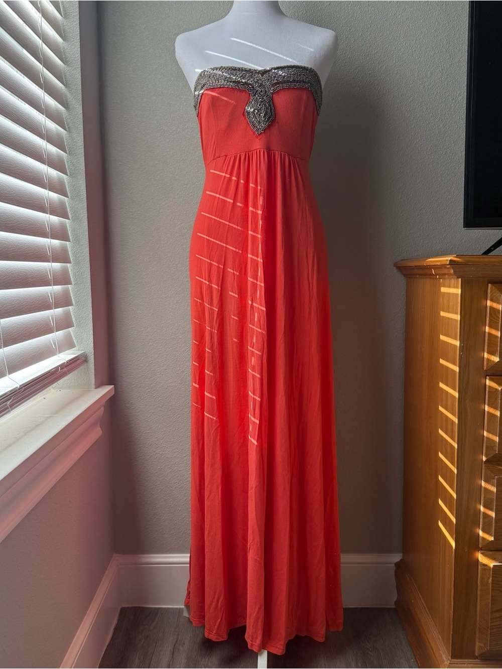 Strapless Coral Maxi Dress with Embellished Neckline